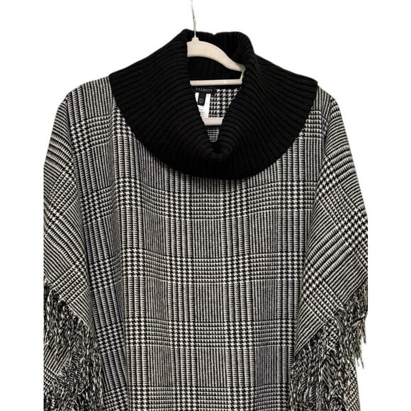Talbots M/L Black White Houndstooth Fringe Cape Poncho Cowl Neck Classic Chic - Picture 4 of 6